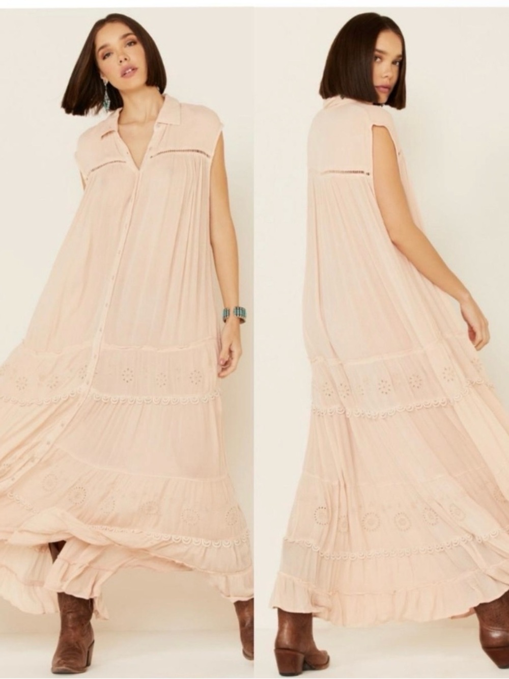 Free People oversized Soft Blush Button-Front Tiered Maxi Dress - Picture 4 of 4
